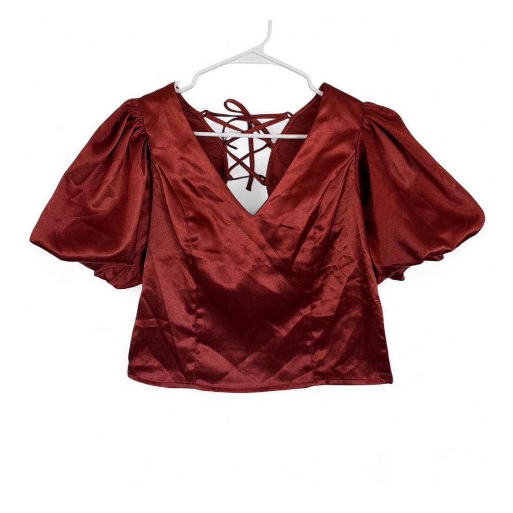 Milk & Honey Puff Sleeve Satin Crop Top Burnt Red Back Tie V-Neck Medium